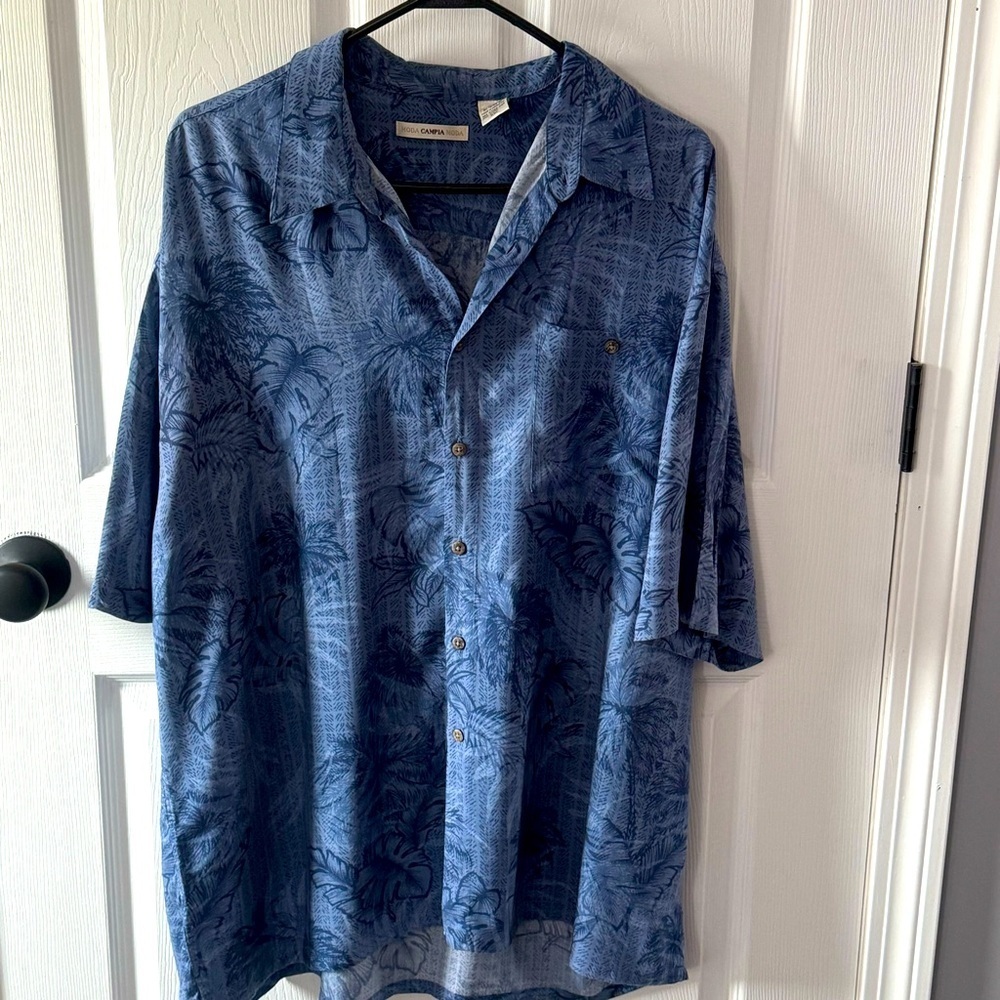 Moda Campia Shirt With Blue Floral Leaf 100% Rayon Size XXL